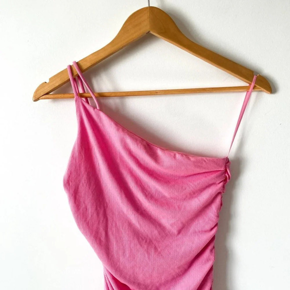 Princess Polly Reece One Shoulder Ribbed Ruched Mini Dress Bubblegum Pink Sz 6 - Picture 3 of 6